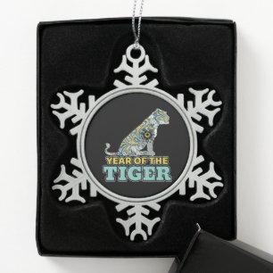 Chinese New Year - Zodiac White Tiger Snowflake Pewter Christmas Ornament