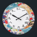 Chinese Numbers Clock Asian Water Waves Art<br><div class="desc">Chinese Number Clock with vintage animal nature art depicting a nature scene with blue ocean waves, in a beautiful sea marine themed design with red flowers. Pretty floral water themed traditional art from Japan with kanji symbols for the numbers 1-12 in Japanese or Mandarin or Cantonese, as they are the...</div>
