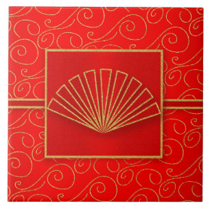 Chinese Open Fan in Faux Gold Glitter and Red Ceramic Tile