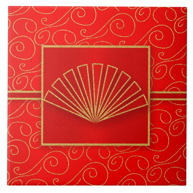 Chinese Open Fan in Faux Gold Glitter and Red Ceramic Tile (Front)
