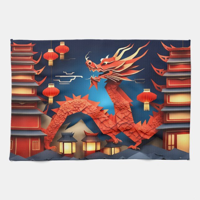 Chinese Origami Red Dragon Year KT Tea Towel (Horizontal)