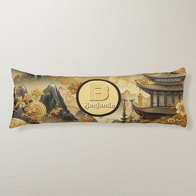 Chinese Painting Faux Golden Dripping Monogrammed  Body Cushion (Front)