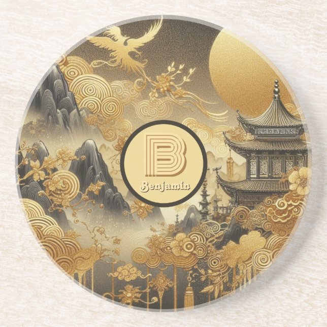 Chinese Painting Faux Golden Dripping Monogrammed  Coaster (Front)