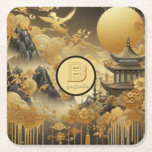 Chinese Painting Faux Golden Dripping Monogrammed Square Paper Coaster