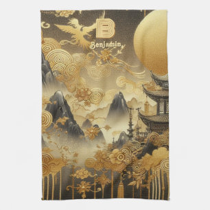 Chinese Painting Faux Golden Dripping Monogrammed  Tea Towel