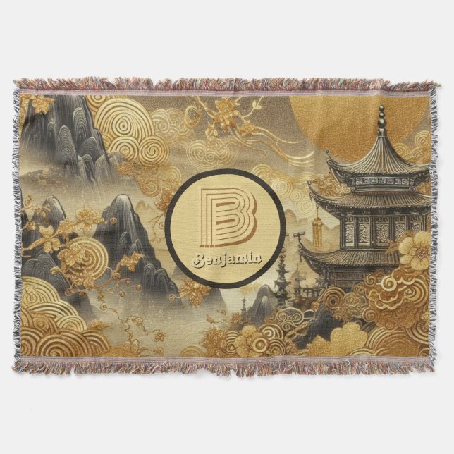 Chinese Painting Faux Golden Dripping Monogrammed  Throw Blanket (Front)