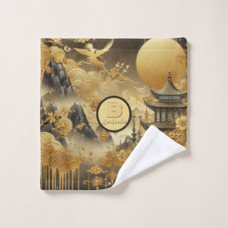 Chinese Painting Faux Golden Dripping Monogrammed  Wash Cloth