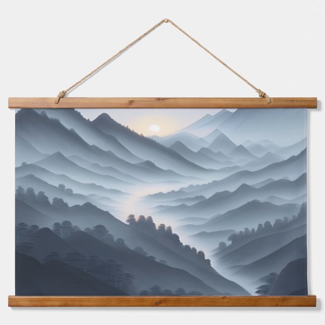 Chinese Painting Misty Landscape With River Hanging Tapestry (Front)