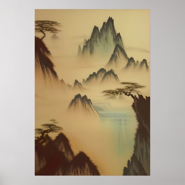 Chinese Painting Mountains And Waterfall Poster (Front)