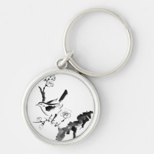 Chinese painting , plum blossom and bird key ring