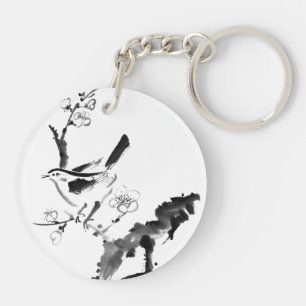 Chinese painting , plum blossom and bird key ring