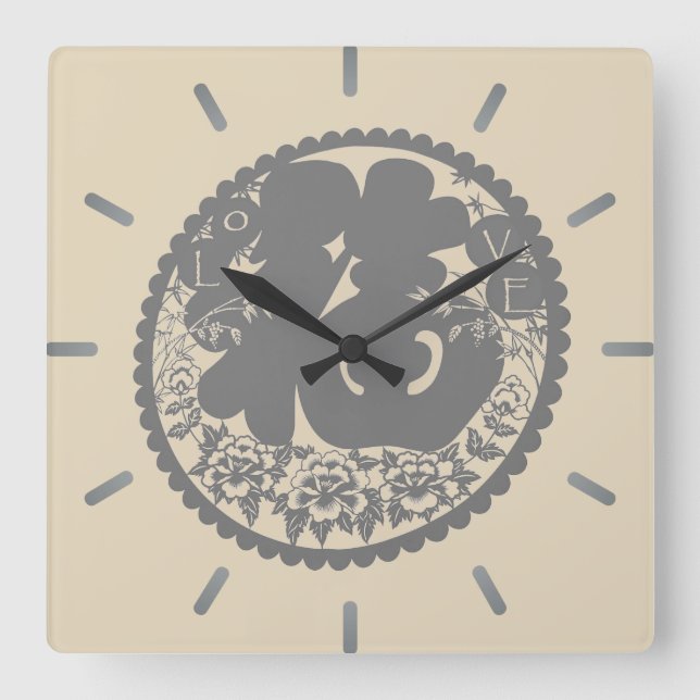 Chinese Paper Cutting Calligraphy Art Pattern Square Wall Clock (Front)