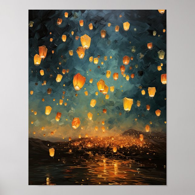 Chinese Paper Lanterns Landscape Art Print Poster (Front)