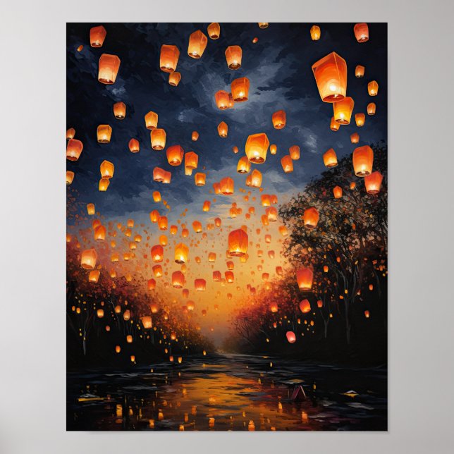 Chinese Paper Lanterns Landscape Art Print Poster (Front)