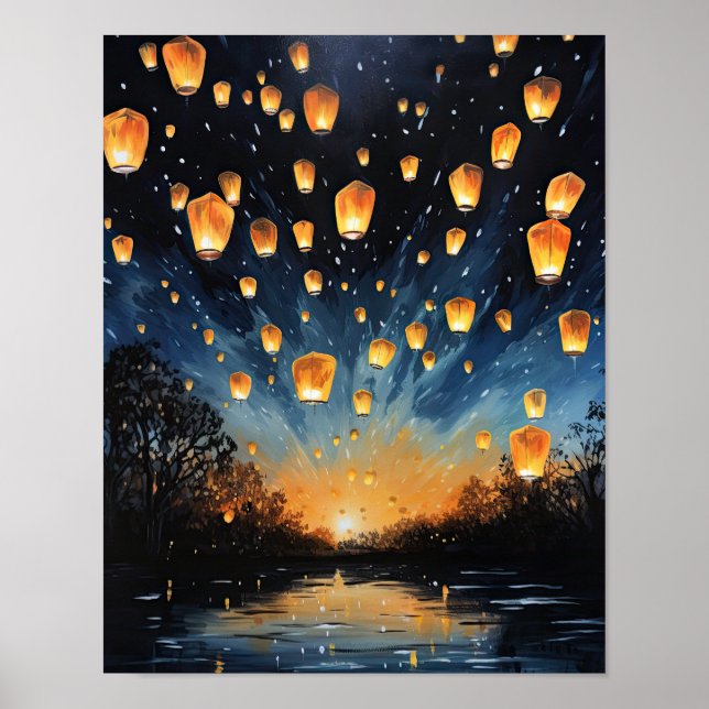 Chinese Paper Lanterns Landscape Art Print Poster (Front)