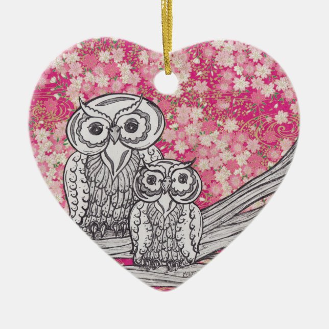 Chinese Paper Owls 4 Ceramic Tree Decoration (Front)