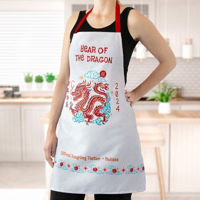 Chinese Papercut Red Dragon Lunar New Year 2024 Apron (LINK FOR 2025 YEAR OF THE SNAKE: https://www.zazzle.com/collections/119316095761799932)