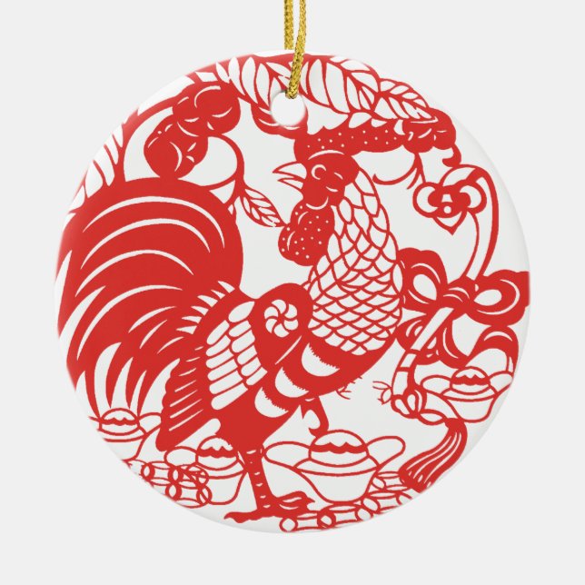 Chinese Papercut Rooster Year 2017 Ceramic Ornament (Front)
