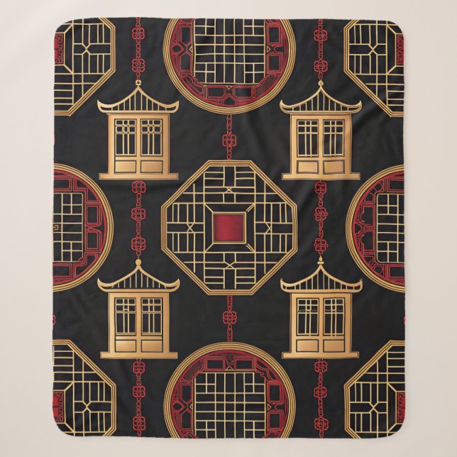 Chinese Pavilion Lattice Pattern Sherpa Blanket (Front)