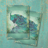 Chinese Peacock Feather Aqua Blue Gold Decoupage