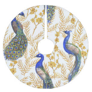 Chinese peacocks, golden sakura, watercolor. brushed polyester tree skirt