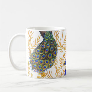 Chinese peacocks, golden sakura, watercolor. coffee mug
