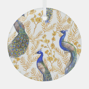 Chinese peacocks, golden sakura, watercolor. glass tree decoration