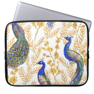 Chinese peacocks, golden sakura, watercolor. laptop sleeve