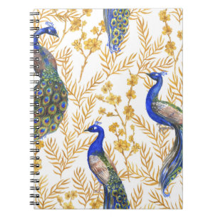Chinese peacocks, golden sakura, watercolor. notebook