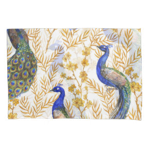 Chinese peacocks, golden sakura, watercolor. pillowcase