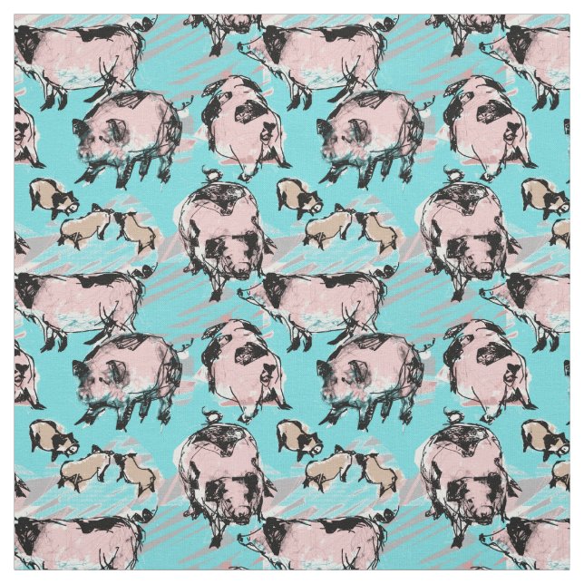 Chinese Pig Year Original drawing Blue Fabric (Swatch)