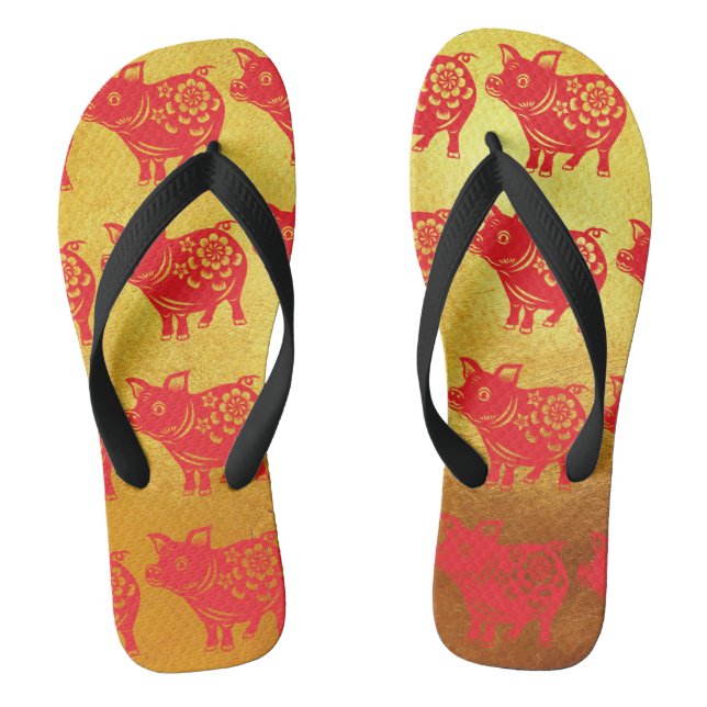 Chinese Pig Year Red Papercut Gold Men Flip Flop (Footbed)