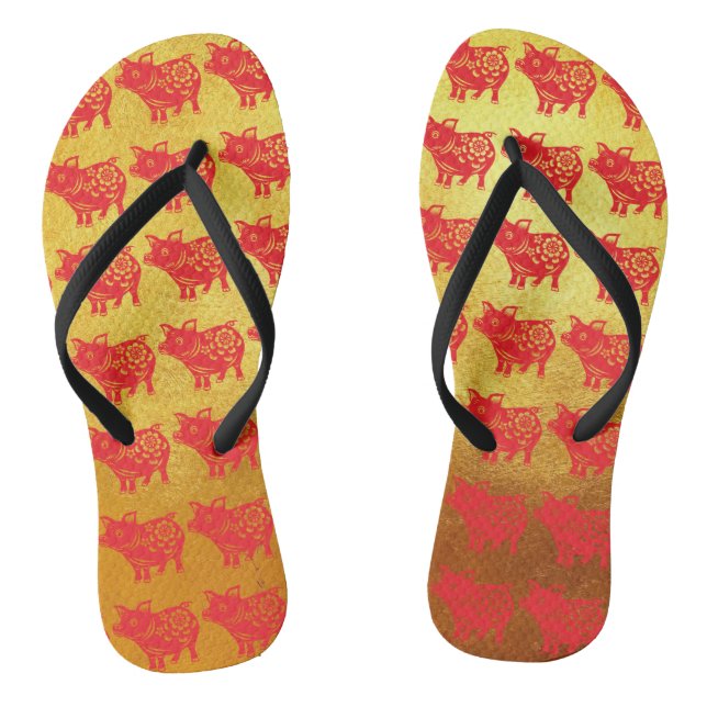 Chinese Pig Year Red Papercut Gold Women Flip Flop (Footbed)