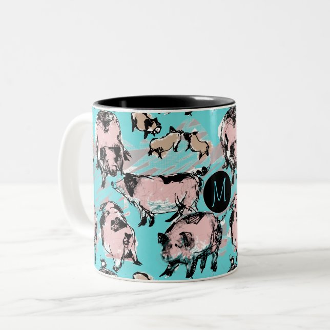 Chinese Pig Year Zodiac Original Monogram Blue Mug (Front Left)