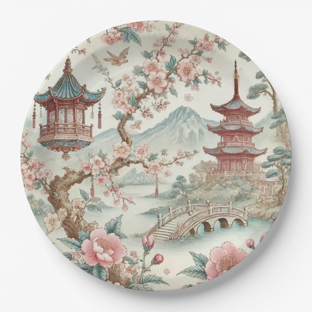 Chinese Pink toile Paper Plates (Front)