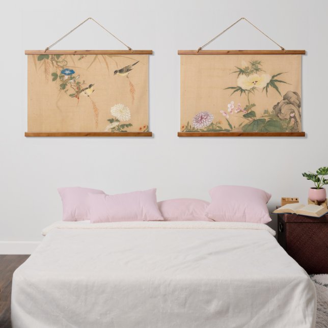 Chinese Qing Dynasty Birds and Flowers Hanging Tapestry (Bedroom)
