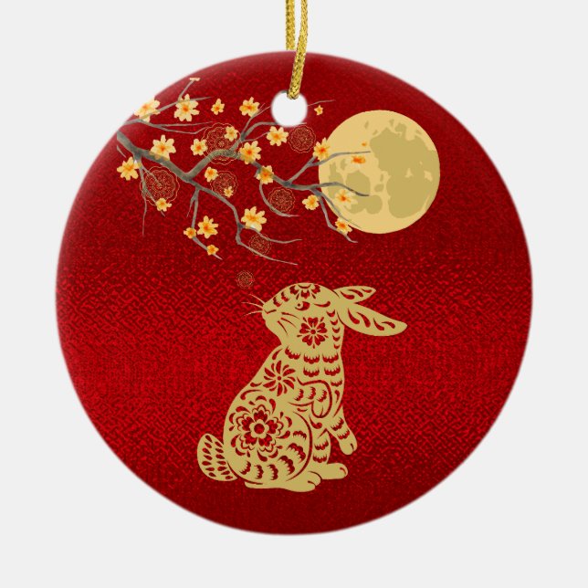 Chinese Rabbit Moon Red Foil Ceramic Ornament (Front)