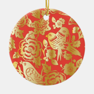 Chinese Red and Gold Porcelain Pattern Ceramic Tree Decoration