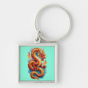 Chinese Red Dragon Fiery Illustration Key Ring
