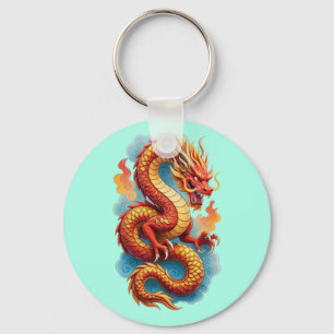 Chinese Red Dragon Fiery Illustration Key Ring