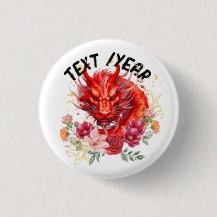 Chinese Red Dragon, Flowers Fantasy Creature 3 Cm Round Badge