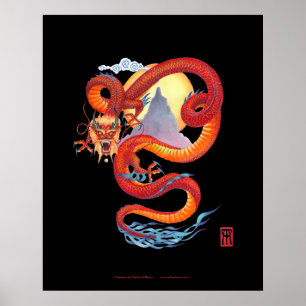 Chinese Red Dragon print on black