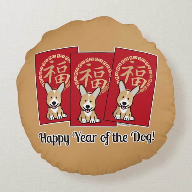 Chinese Red Envelope Lucky Corgi Year of the Dog Round Cushion (Back)