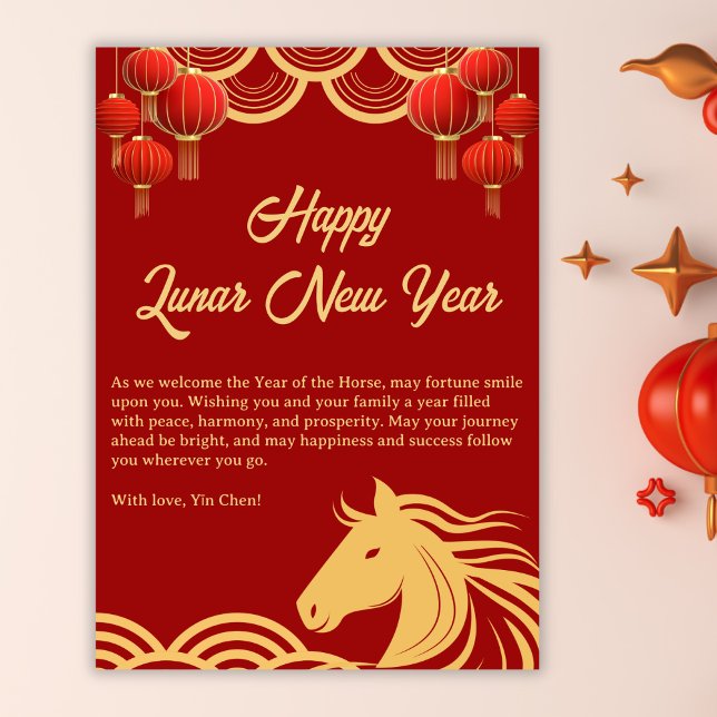 Chinese Red Gold Happy Lunar New Year Of The Horse Holiday Card (2026 Chinese Red and Gold Lunar New Year Of The Horse Holiday Card)