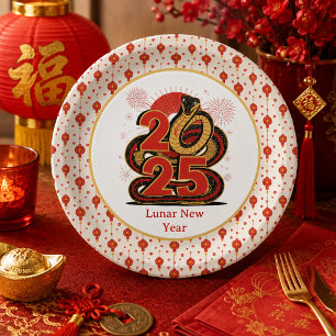 Chinese red Gold Happy Lunar New Year Of The Snake Paper Plate