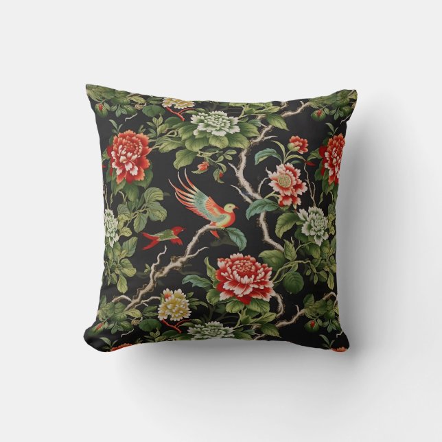 Chinese red green floral Throw Pillow (Front)