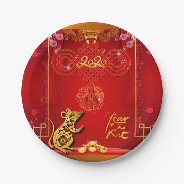 Chinese Red Knot Rat Year 2020 Party Paper Plate (Front)