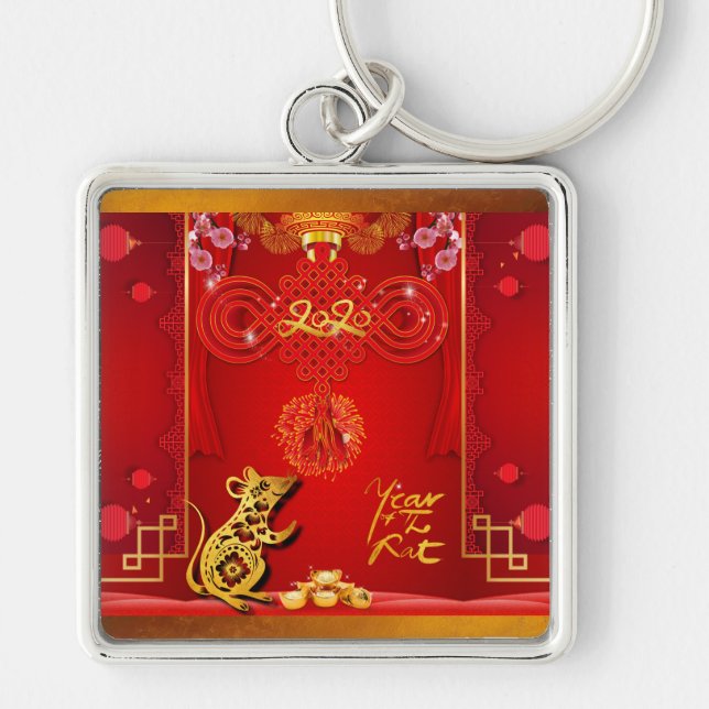 Chinese Red Knot Rat Year 2020 Square MK Key Ring (Front)