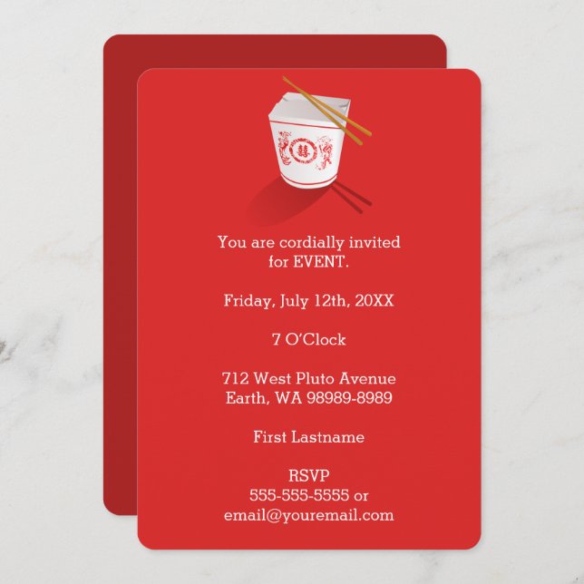 Chinese Restaurant Takeout Box Invitation (Front/Back)