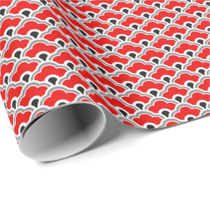 Chinese Scallops, Red, Grey, Black and White Wrapping Paper
